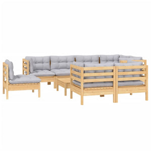 vidaXL 9-piece Garden Lounge Set with Grey Cushions Solid Pine Wood
