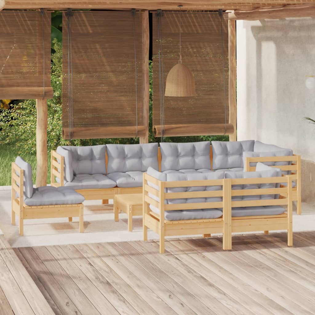 vidaXL 9-piece Garden Lounge Set with Grey Cushions Solid Pine Wood