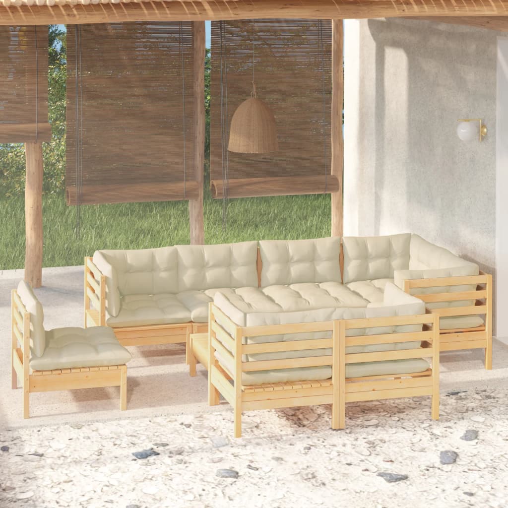 vidaXL 9-piece Garden Lounge Set with Cream Cushions Solid Pine Wood