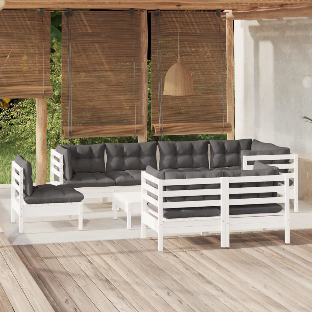 vidaXL 9-piece Garden Lounge Set with Cushions White Solid Pine Wood