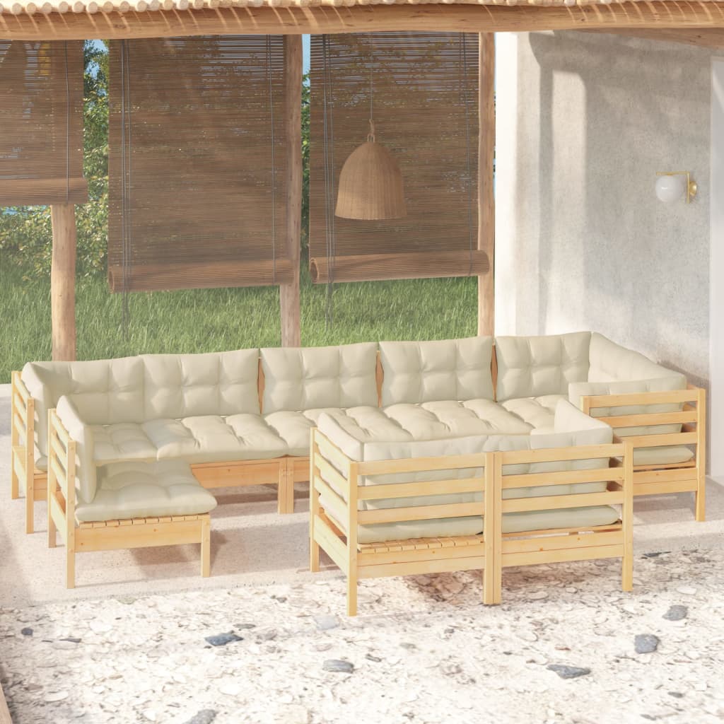 vidaXL 9-piece Garden Lounge Set with Cream Cushions Solid Pine Wood