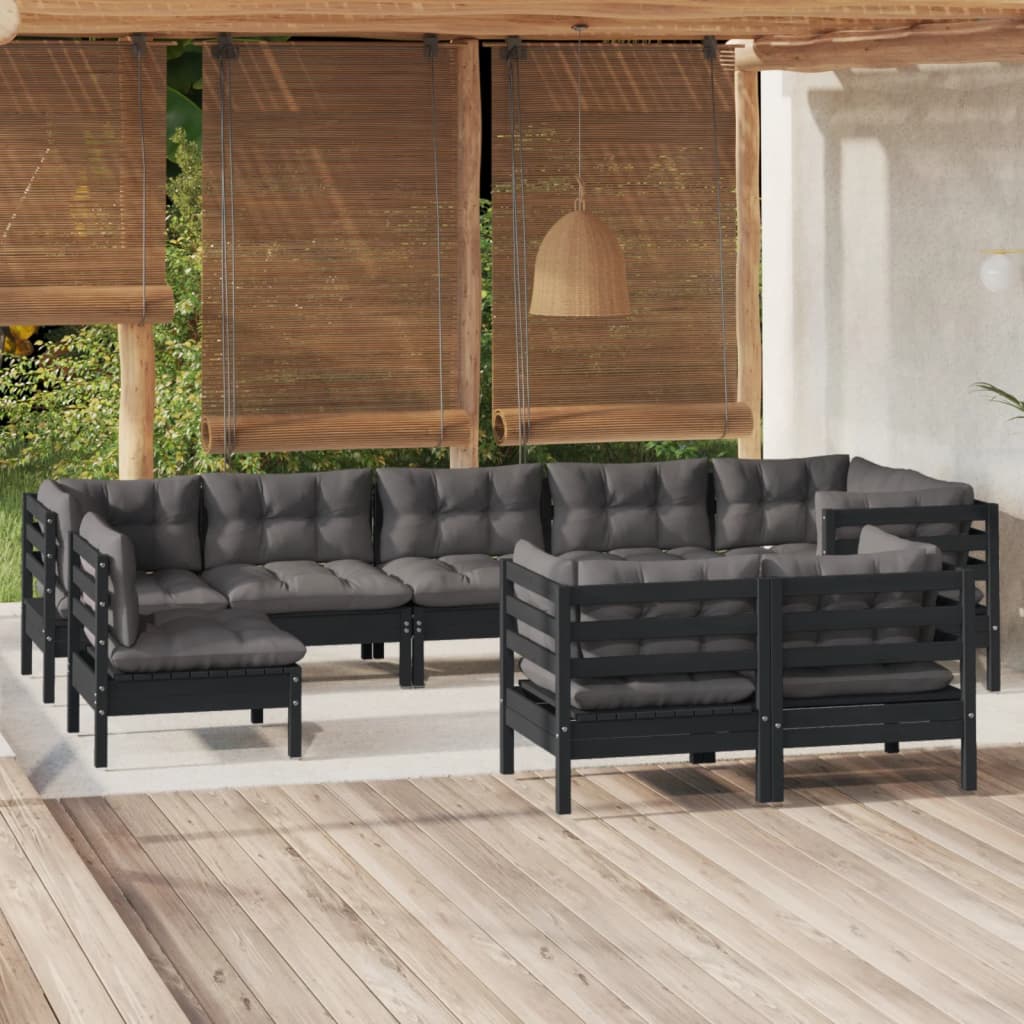 vidaXL 9-piece Garden Lounge Set with Cushions Black Solid Pine Wood