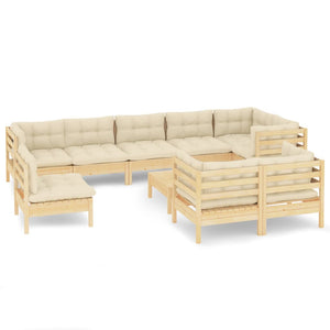 vidaXL 10-piece Garden Lounge Set with Cream Cushions Solid Pine Wood