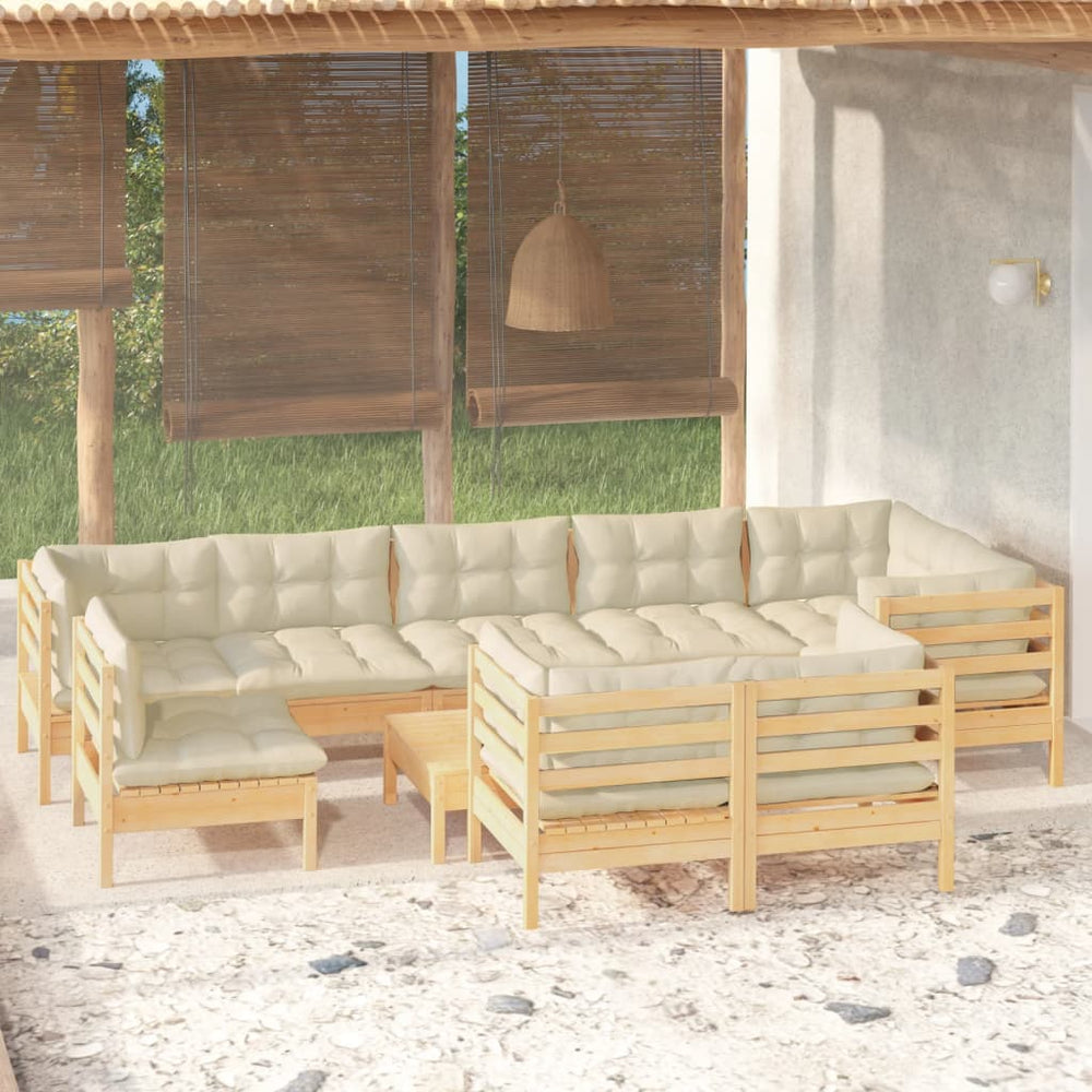 vidaXL 10-piece Garden Lounge Set with Cream Cushions Solid Pine Wood