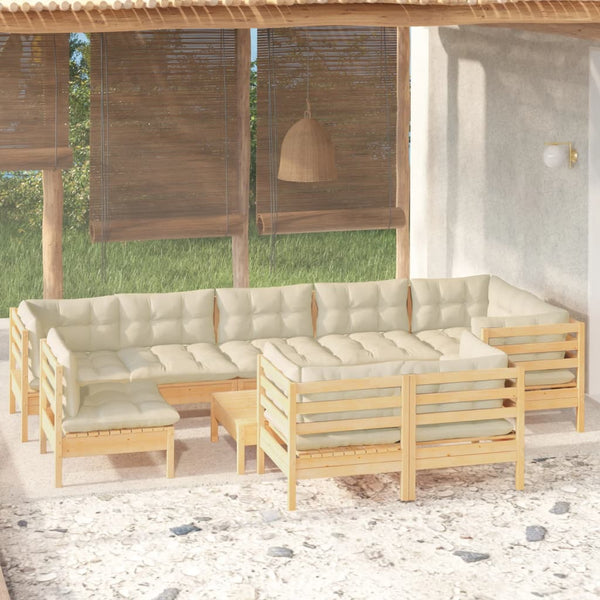 vidaXL 10-piece Garden Lounge Set with Cream Cushions Solid Pine Wood