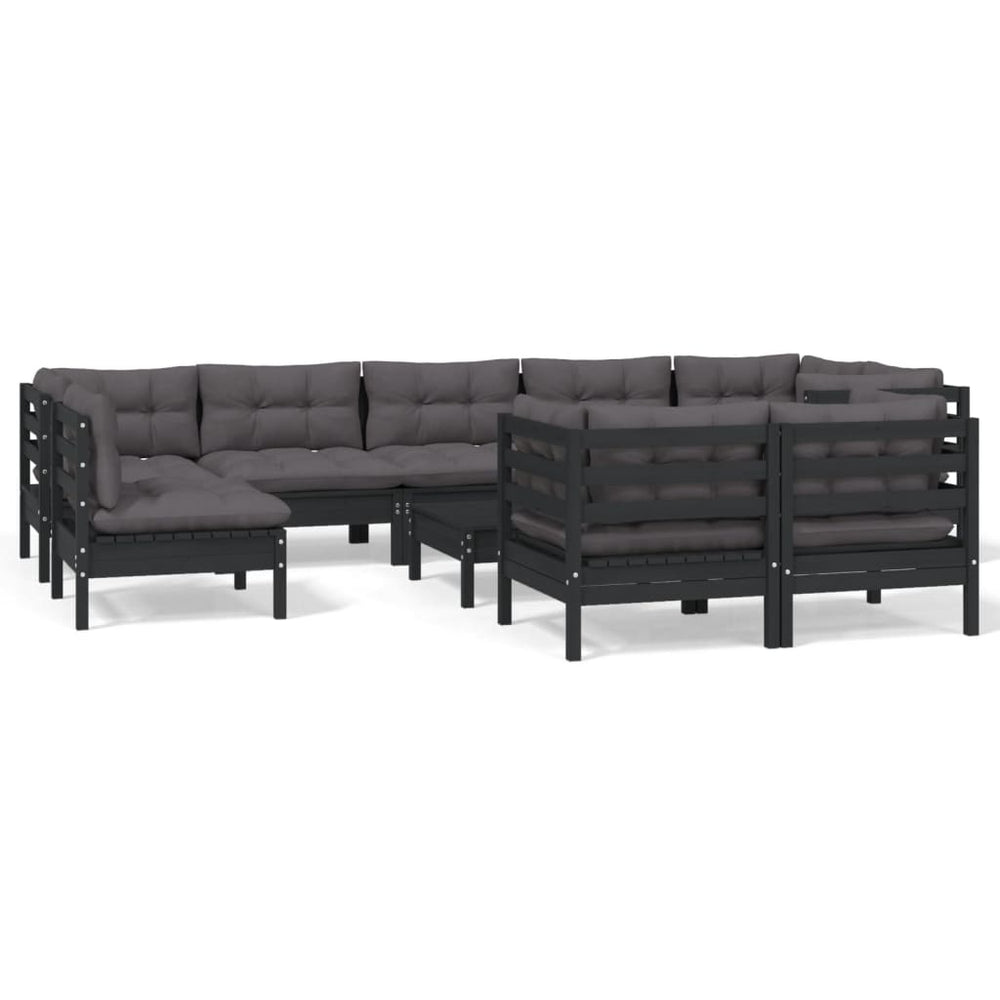 vidaXL 10-piece Garden Lounge Set with Cushions Black Solid Pine Wood