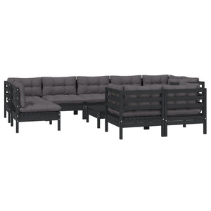 vidaXL 10-piece Garden Lounge Set with Cushions Black Solid Pine Wood