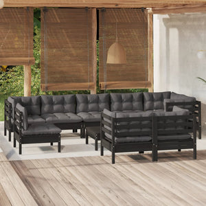 vidaXL 10-piece Garden Lounge Set with Cushions Black Solid Pine Wood