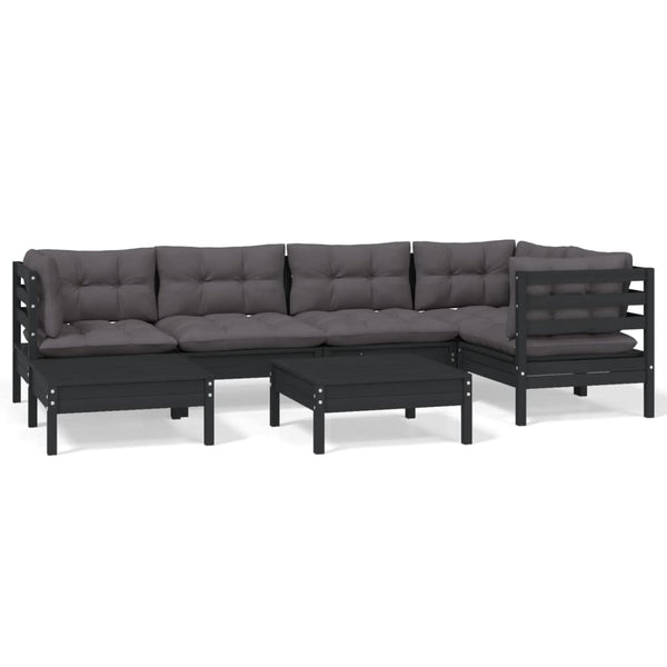 vidaXL 7-Piece Garden Lounge Set with Cushions Black Solid Pine Wood