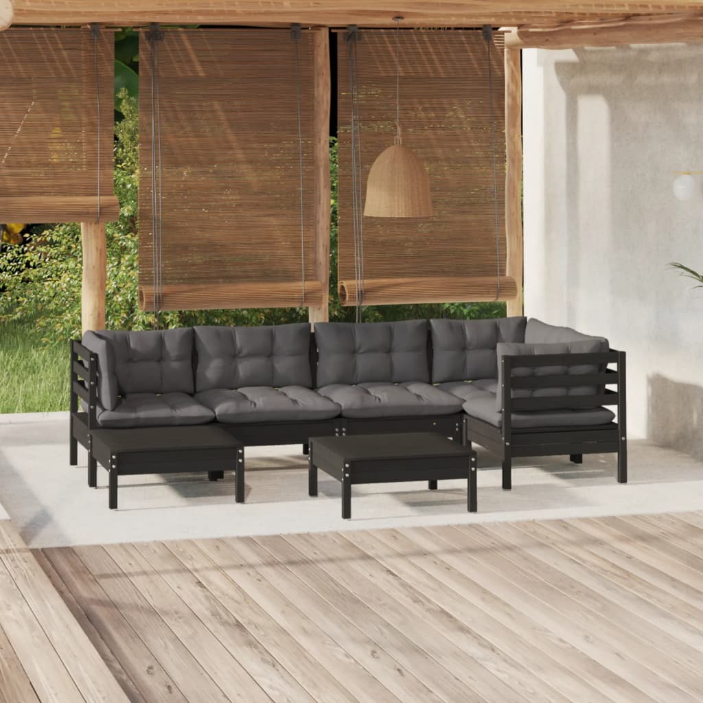 vidaXL 7-Piece Garden Lounge Set with Cushions Black Solid Pine Wood