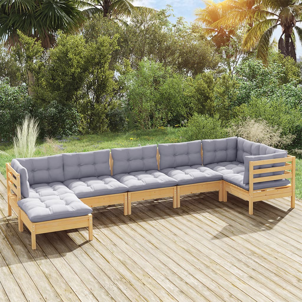 vidaXL 7-piece Garden Lounge Set with Grey Cushions Solid Pine Wood