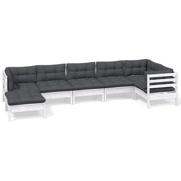 vidaXL 7-Piece Garden Lounge Set with Cushions White Solid Pine Wood