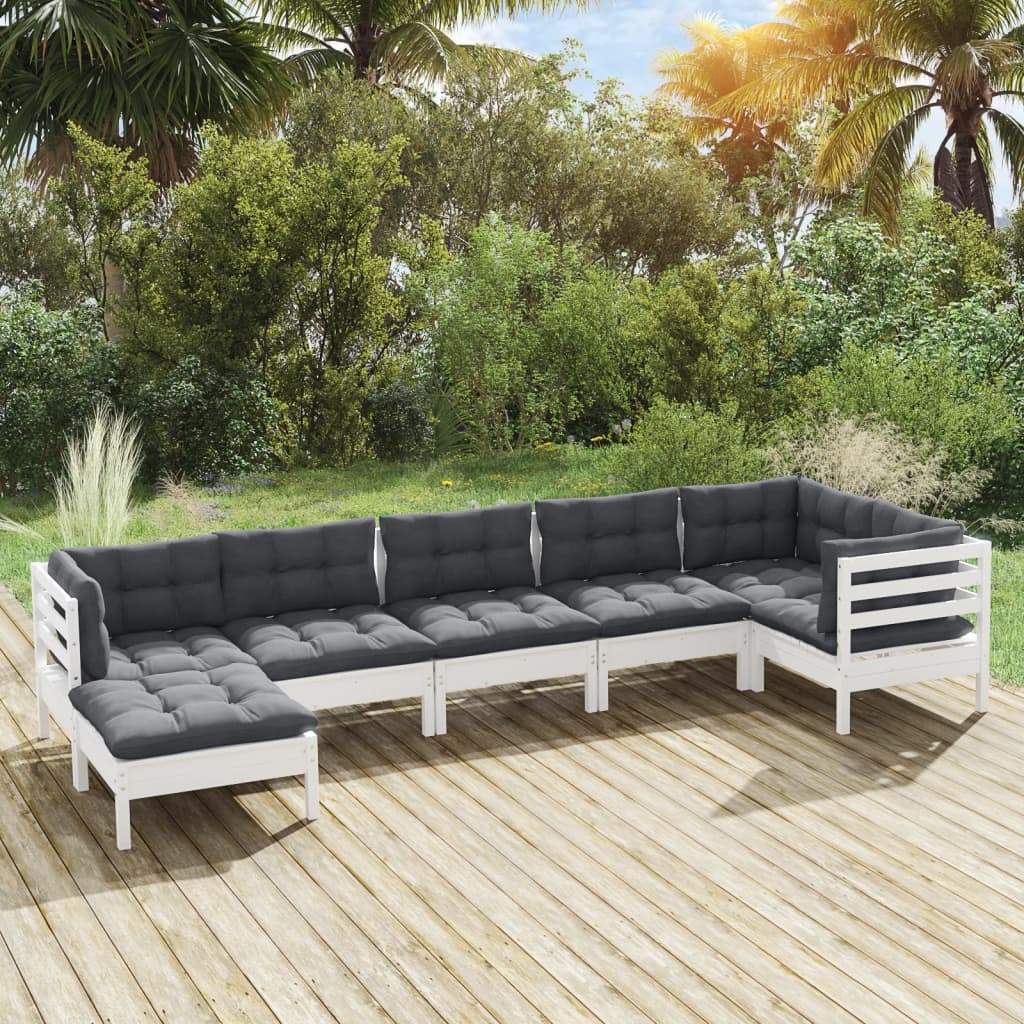 vidaXL 7-Piece Garden Lounge Set with Cushions White Solid Pine Wood