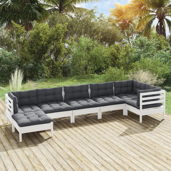vidaXL 7-Piece Garden Lounge Set with Cushions White Solid Pine Wood