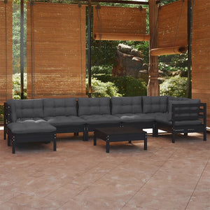 vidaXL 8-Piece Garden Lounge Set with Cushions Black Solid Pine Wood