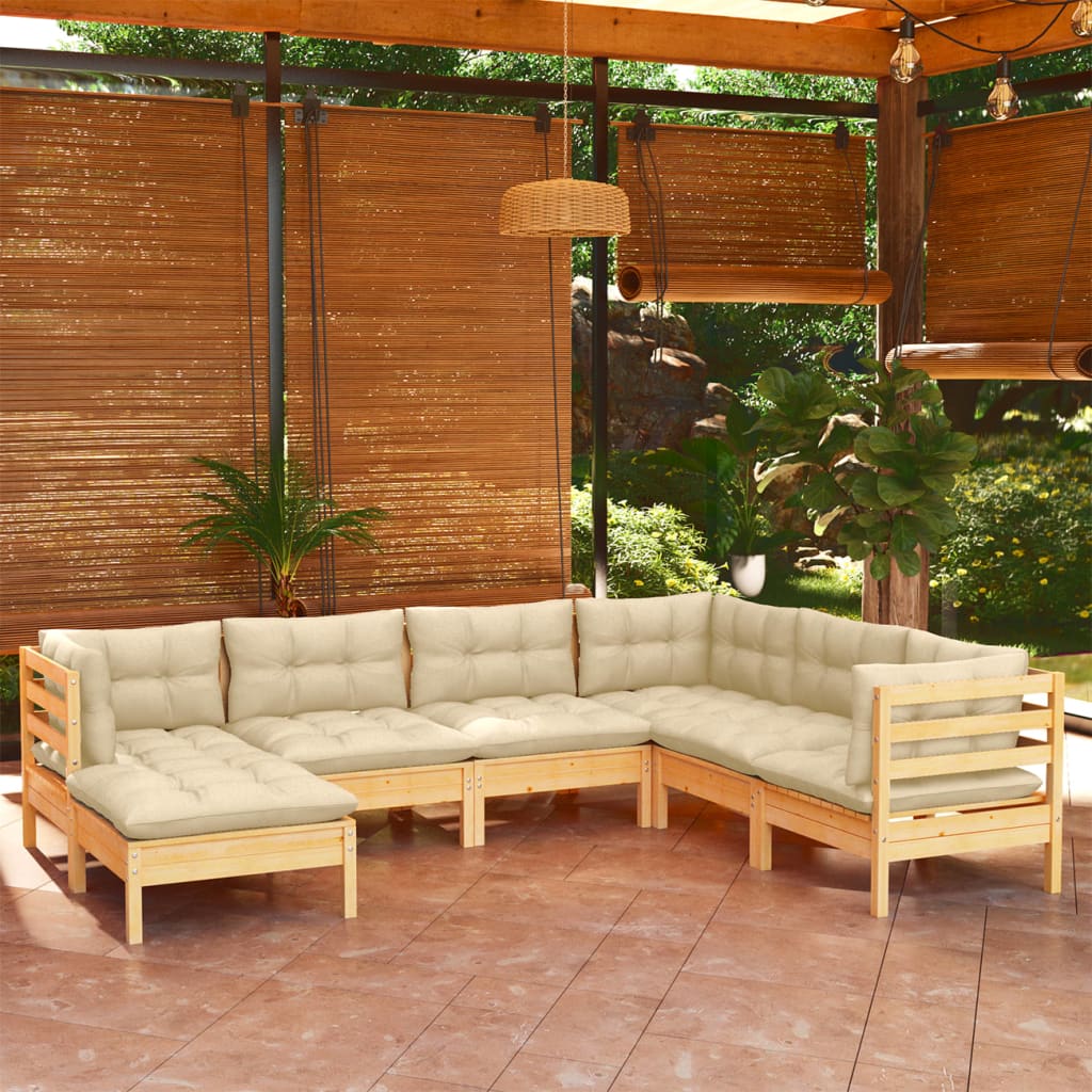 vidaXL 7-piece Garden Lounge Set with Cream Cushions Solid Pine Wood
