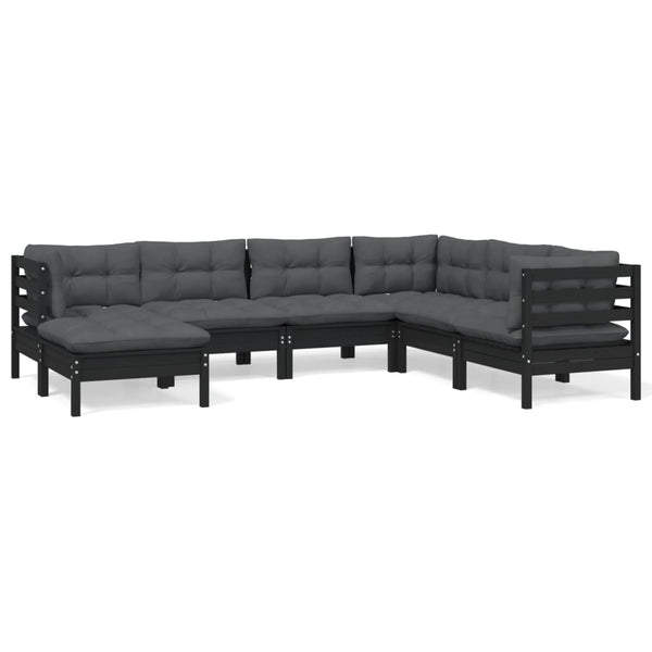 vidaXL 7-piece Garden Lounge Set with Cushions Black Solid Pine Wood