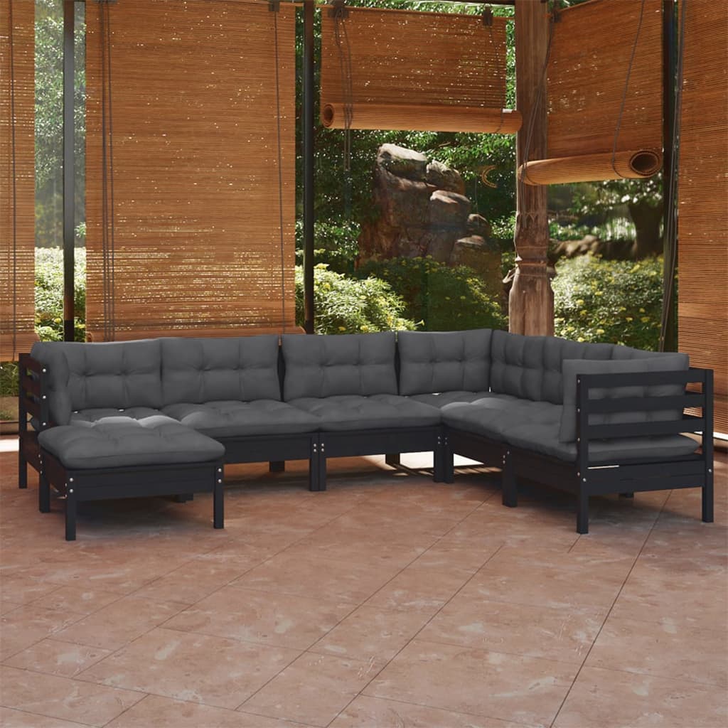 vidaXL 7-piece Garden Lounge Set with Cushions Black Solid Pine Wood