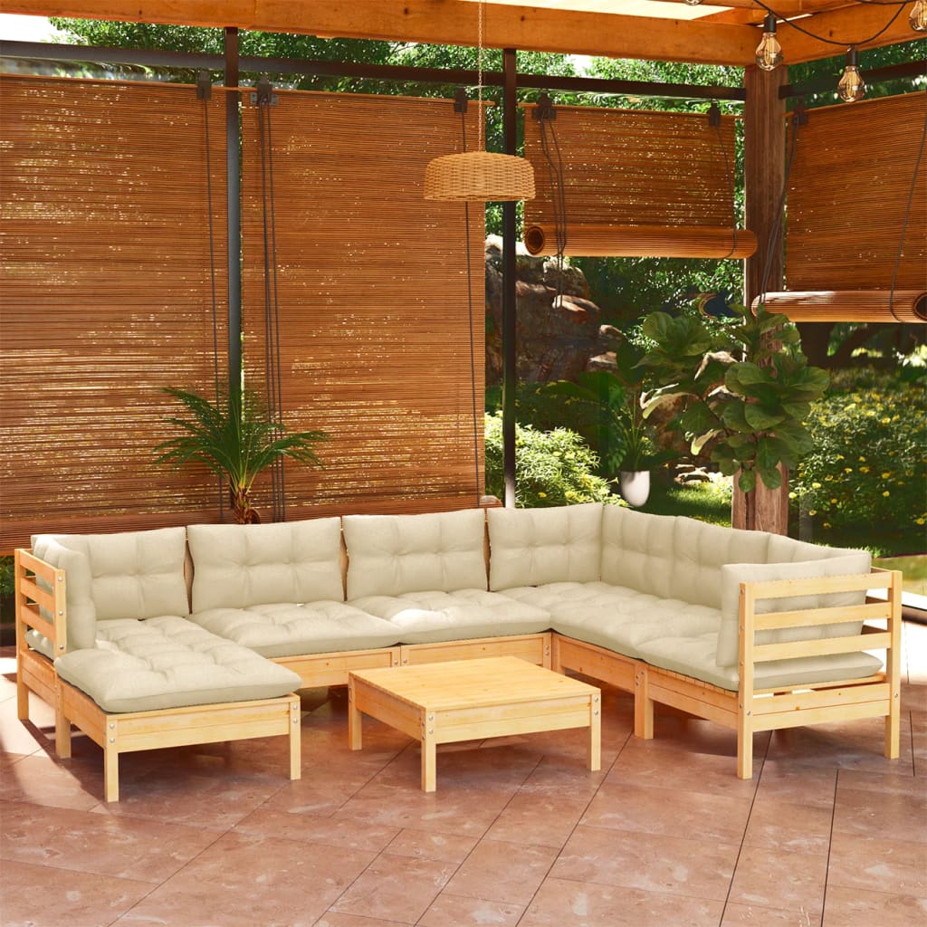 vidaXL 8-Piece Garden Lounge Set with Cream Cushions Solid Pine Wood