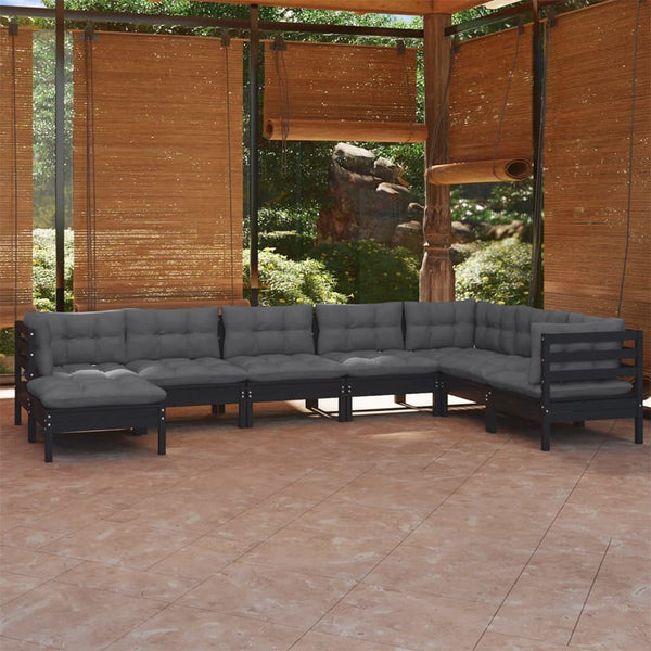 vidaXL 8-piece Garden Lounge Set with Cushions Black Solid Pine Wood