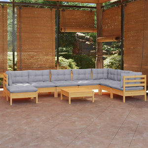 vidaXL 9-piece Garden Lounge Set with Grey Cushions Solid Pine Wood