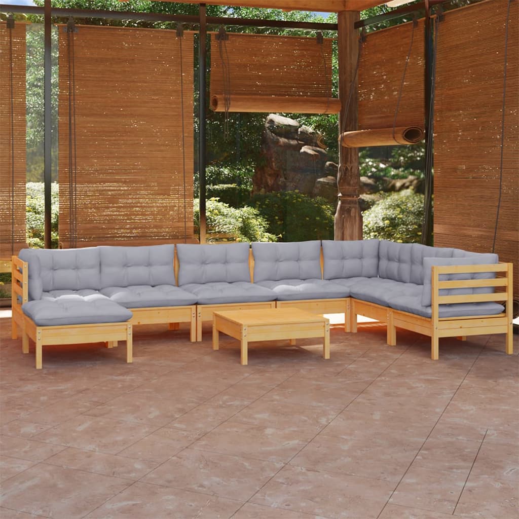 vidaXL 9-piece Garden Lounge Set with Grey Cushions Solid Pine Wood