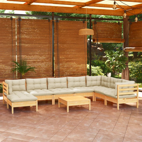 vidaXL 9-piece Garden Lounge Set with Cream Cushions Solid Pine Wood