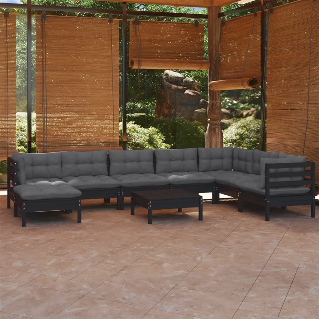 vidaXL 9-piece Garden Lounge Set with Cushions Black Solid Pine Wood