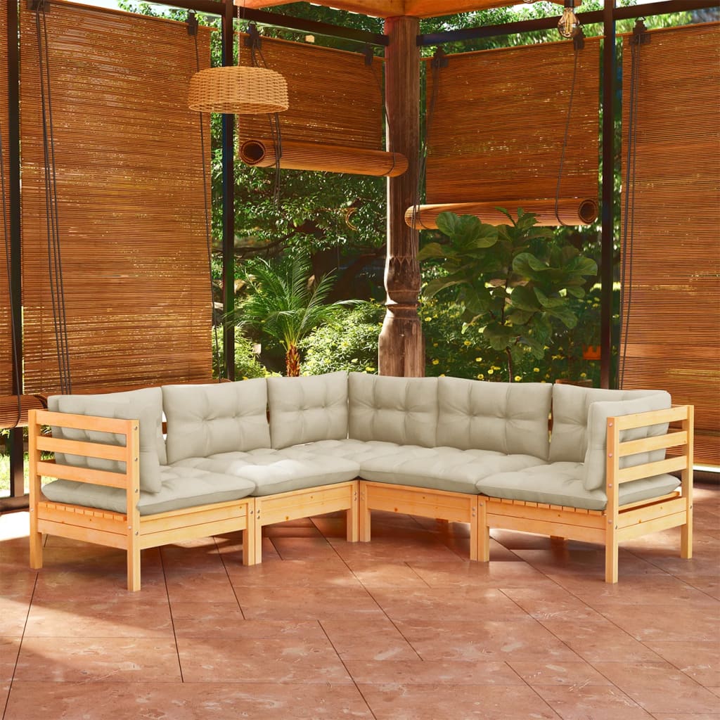 vidaXL 5-piece Garden Lounge Set with Cream Cushions Solid Pine Wood