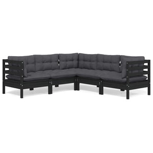 vidaXL 5-piece Garden Lounge Set with Cushions Black Solid Pine Wood
