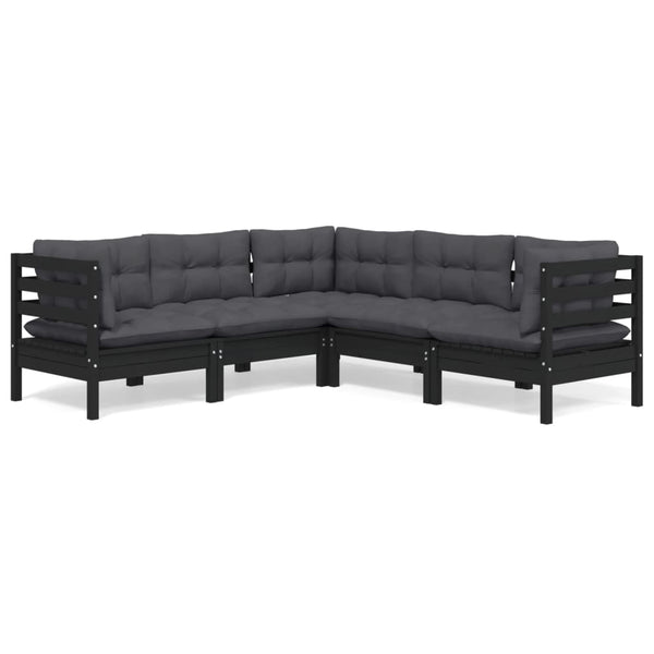 vidaXL 5-piece Garden Lounge Set with Cushions Black Solid Pine Wood