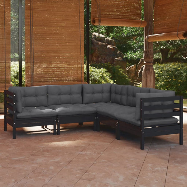 vidaXL 5-piece Garden Lounge Set with Cushions Black Solid Pine Wood