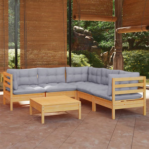 vidaXL 6-Piece Garden Lounge Set with Grey Cushions Solid Pinewood