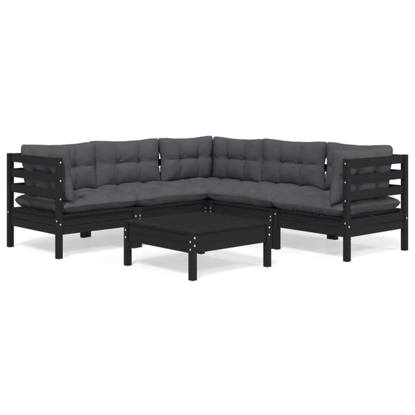 vidaXL 6-piece Garden Lounge Set with Cushions Black Solid Pine Wood