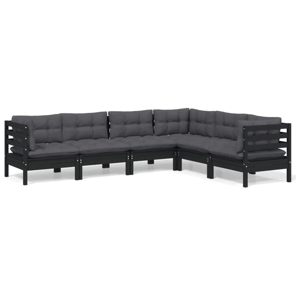 vidaXL 6-piece Garden Lounge Set with Cushions Black Solid Pine Wood