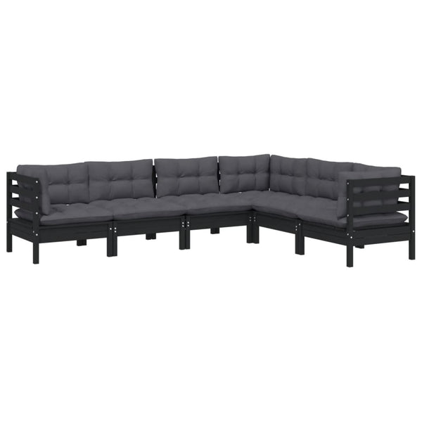 vidaXL 6-piece Garden Lounge Set with Cushions Black Solid Pine Wood