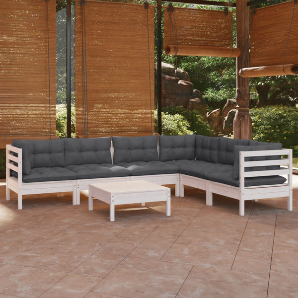 vidaXL 7-Piece Garden Lounge Set with Cushions White Solid Pine Wood