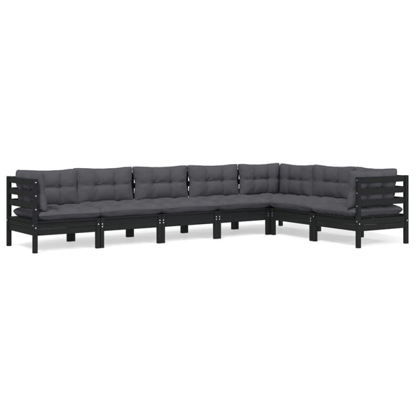 vidaXL 7-Piece Garden Lounge Set with Cushions Black Solid Pine Wood