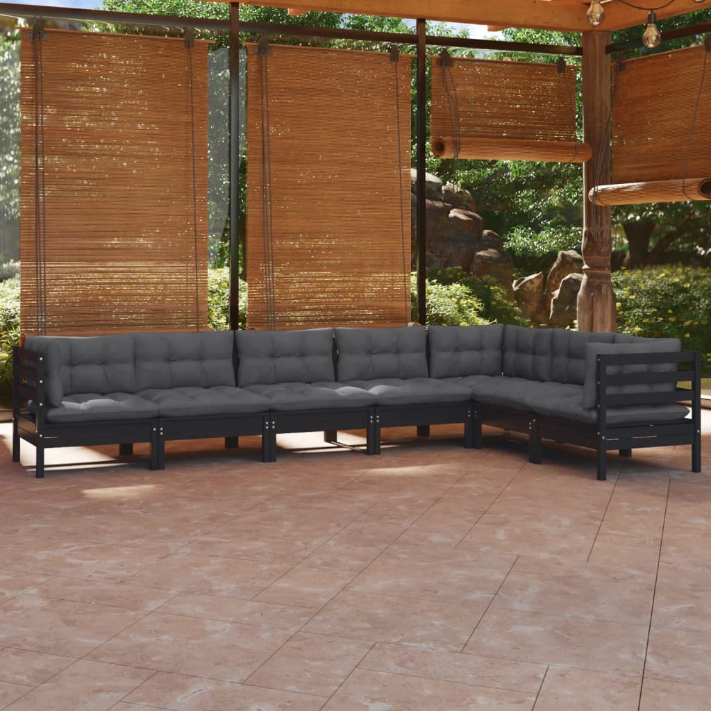 vidaXL 7-Piece Garden Lounge Set with Cushions Black Solid Pine Wood