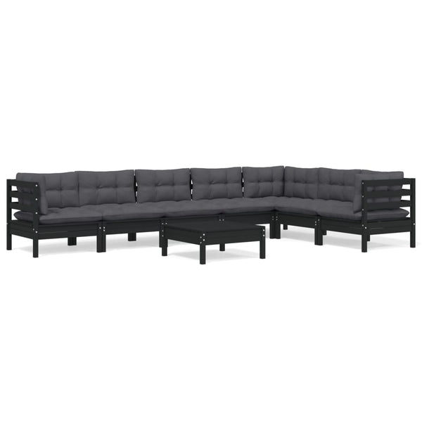 vidaXL 8-piece Garden Lounge Set with Cushions Black Solid Pine Wood