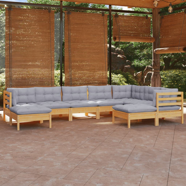 vidaXL 9-piece Garden Lounge Set with Grey Cushions Solid Pine Wood