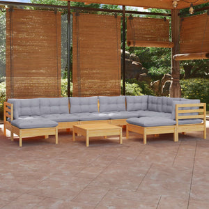 vidaXL 10-piece Garden Lounge Set with Grey Cushions Solid Pine Wood