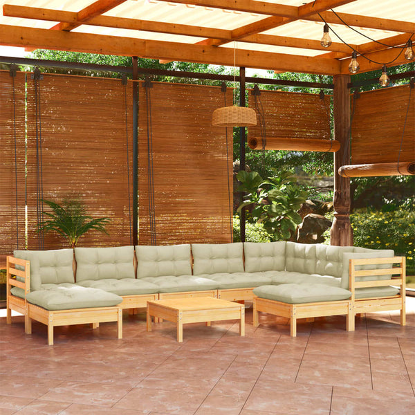 vidaXL 10-piece Garden Lounge Set with Cream Cushions Solid Pine Wood