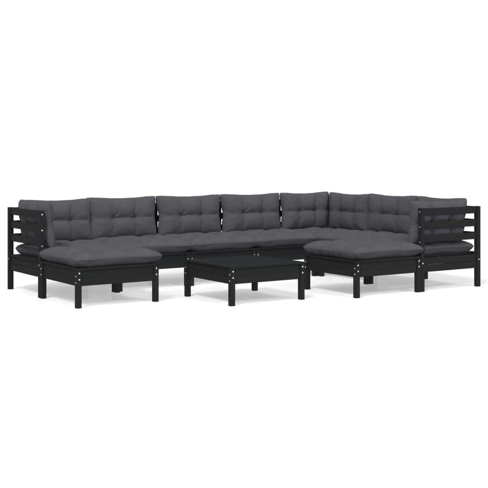 vidaXL 10-piece Garden Lounge Set with Cushions Black Solid Pine Wood