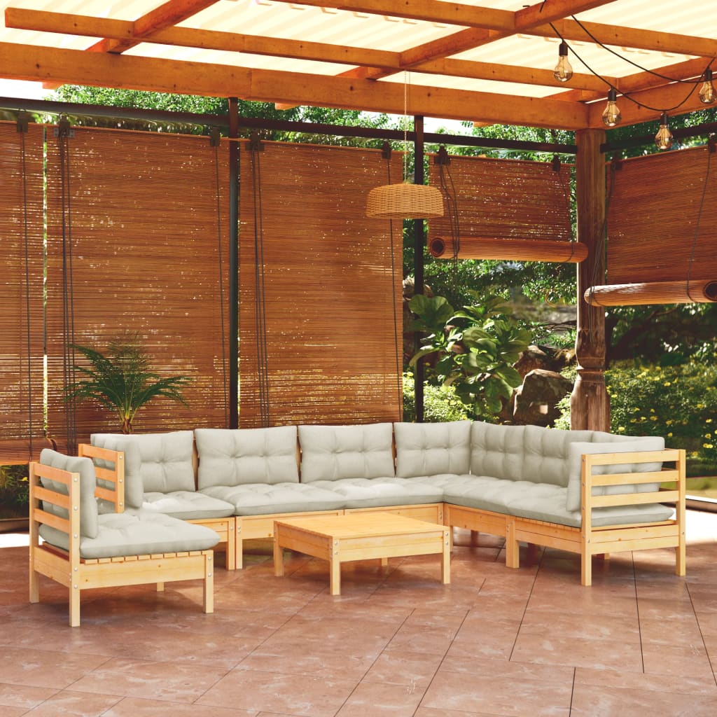 vidaXL 8-Piece Garden Lounge Set with Cream Cushions Solid Pine Wood
