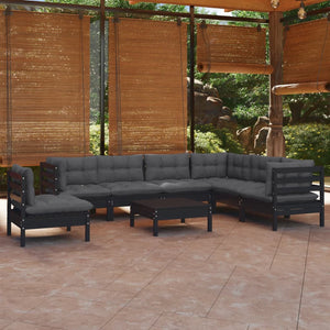 vidaXL 8-piece Garden Lounge Set with Cushions Black Solid Pine Wood