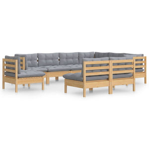 vidaXL 9-piece Garden Lounge Set with Grey Cushions Solid Pine Wood