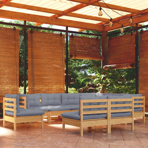 vidaXL 9-piece Garden Lounge Set with Grey Cushions Solid Pine Wood