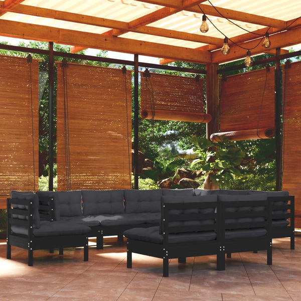 vidaXL 9-piece Garden Lounge Set with Cushions Black Solid Pine Wood