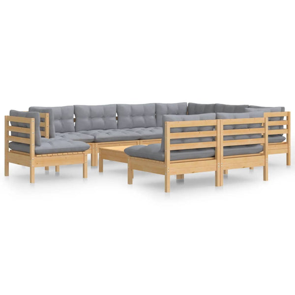 vidaXL 10-piece Garden Lounge Set with Grey Cushions Solid Pine Wood
